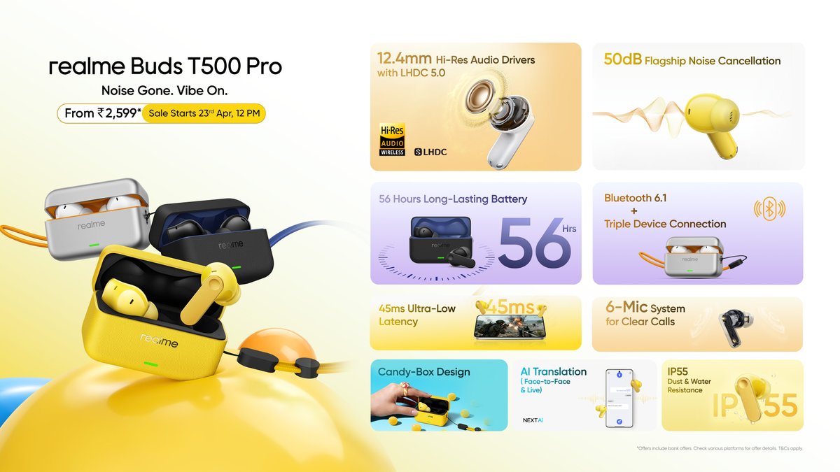 Realme Buds T500 Pro With 50dB ANC, LHDC 5.0 Launched in India