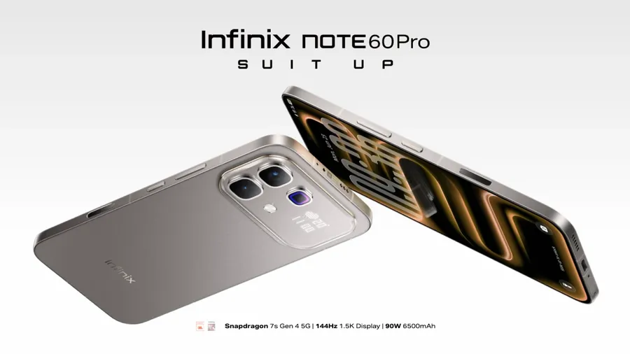 Infinix Note 60 Pro AMOLED display front view 144Hz screen and features a rear camera module with integrated LED lighting system