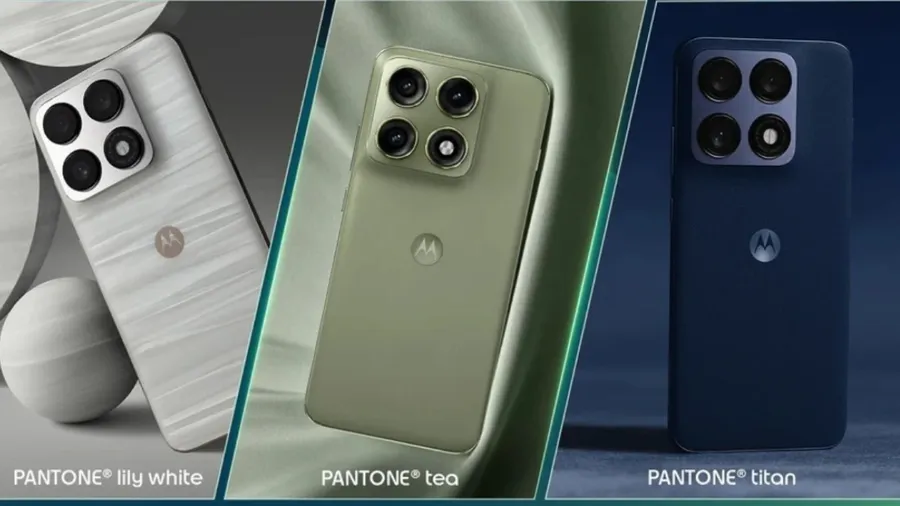 Motorola Edge 70 Pro design in Pantone Lily White, Tea, and Titan colors showing rear camera module and finish
