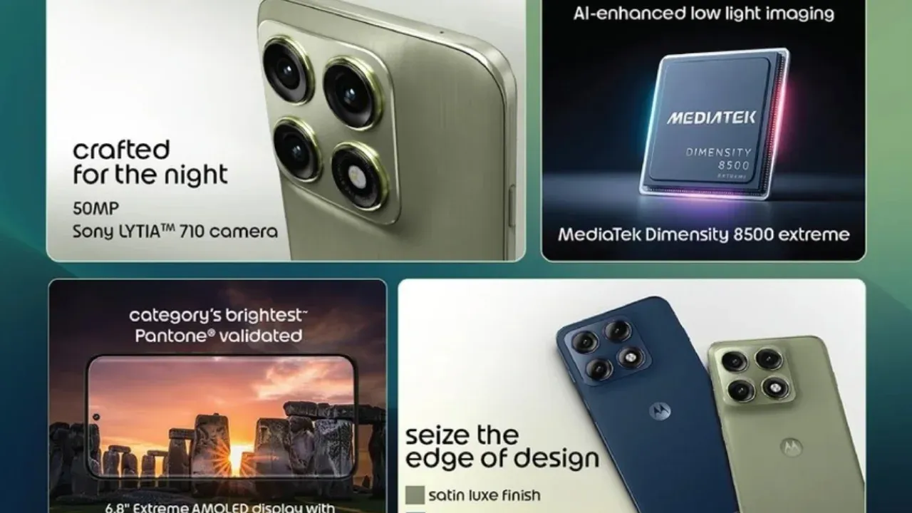 Motorola Edge 70 Pro features showing 50MP Sony LYTIA 710 camera, Dimensity 8500 Extreme chipset, AMOLED display, and design