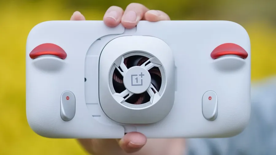 OnePlus Gaming Controller accessory with built-in cooling fan shown in handheld gaming mode