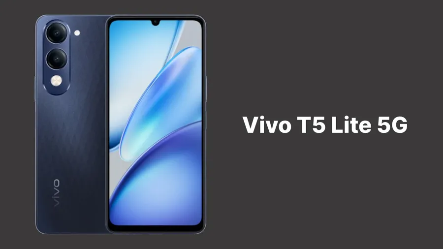 Vivo T5 Lite 5G render showing dual rear cameras and waterdrop notch display