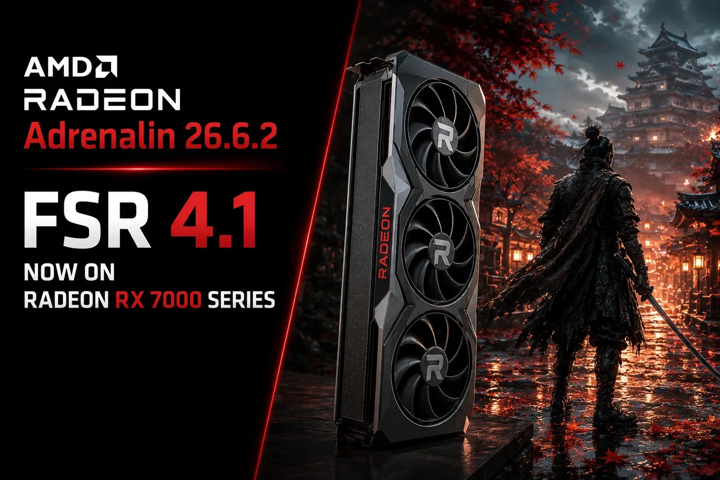 AMD Radeon Adrenalin 26.6.2 update featuring FSR 4.1 support for Radeon RX 7000 series GPUs alongside a high-end Radeon graphics card and modern gaming scene.
