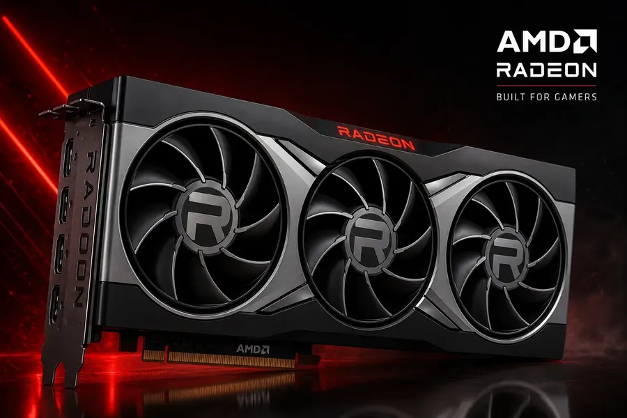 High-performance AMD Radeon graphics card with triple-fan cooling design, photographed in a dramatic red-and-black gaming setup with cinematic lighting and reflective surfaces.