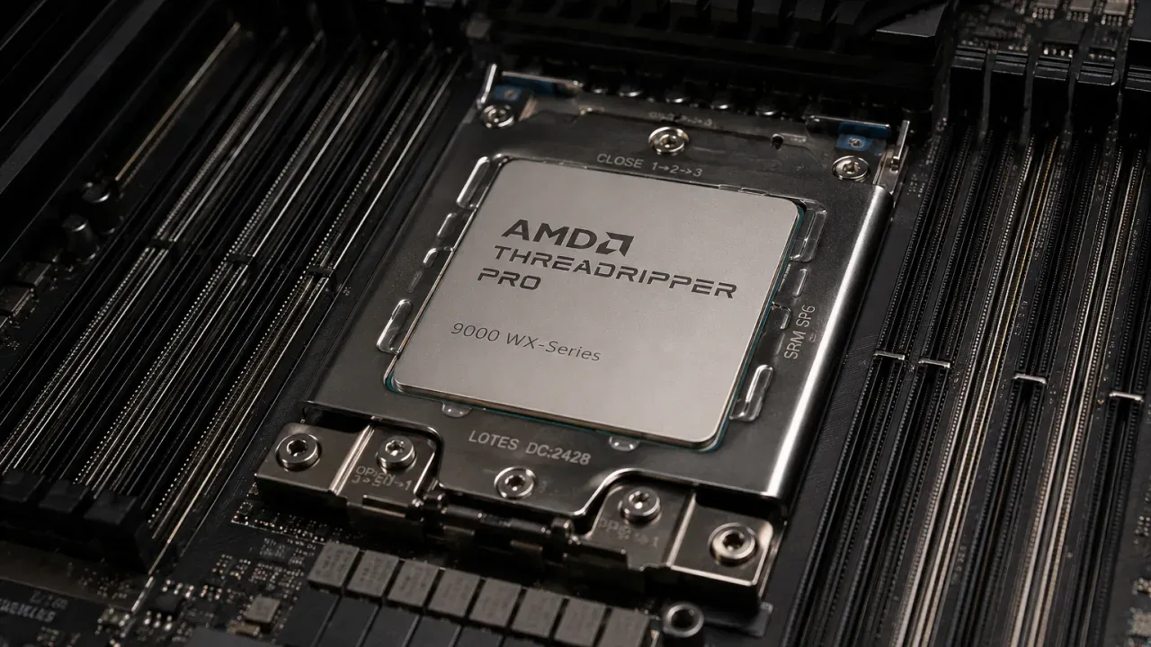 AMD Threadripper workstation processor installed on a high-end motherboard, representing the upcoming Mustang Peak TR6 platform with Zen 6 architecture and PCIe 6.0 support.