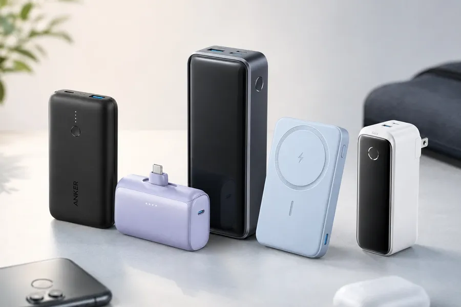 Anker 313 PowerCore 10K, Anker 737 PowerCore 24K, MagGo and Nano power banks displayed together as the best Anker portable chargers under $100 in June 2026