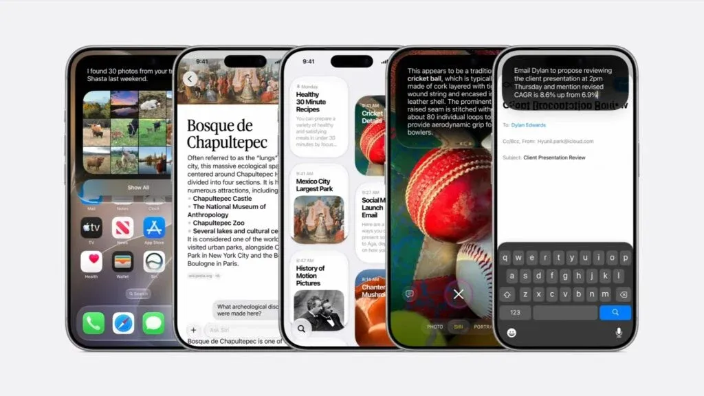 Apple showcases Apple Intelligence features in iOS 27, including visual search, AI-powered content discovery, contextual understanding, and enhanced writing tools across the iPhone interface.