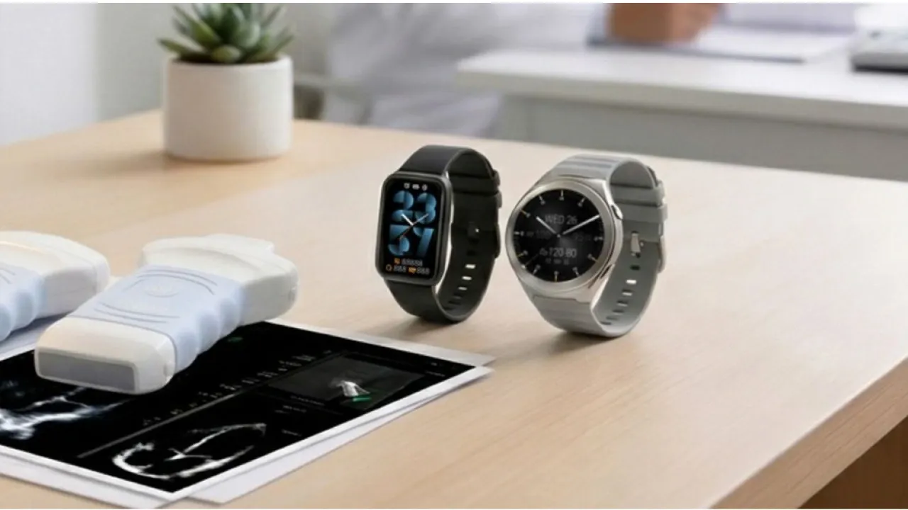 Asus VivoWatch 6 Plus smartwatch displayed alongside medical imaging equipment, highlighting its advanced health monitoring and wellness tracking capabilities.