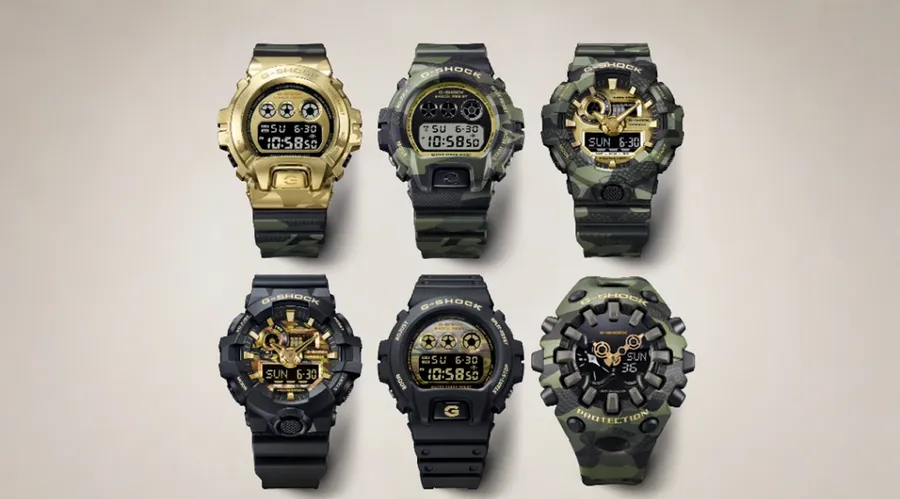 Casio Bold Camo G-Shock watch collection featuring camouflage patterns, gold accents, and digital and analog-digital designs