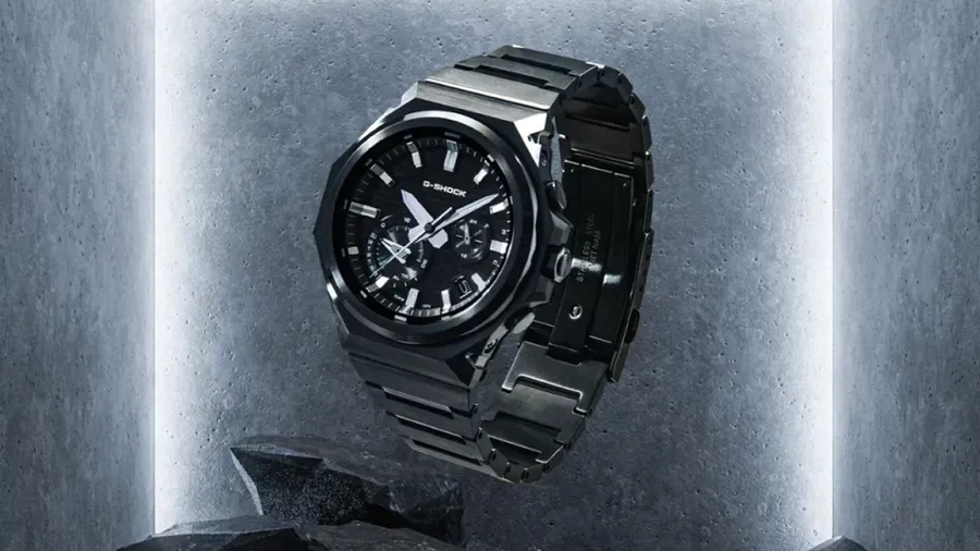 Casio G-Shock GST-B1000BD-1A G-Steel watch with an all-black ion-plated stainless steel design and analog dial.