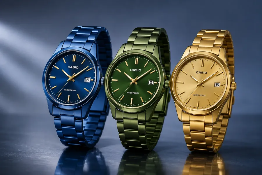 Casio metal watches in blue, green, and gold finishes with date display and stainless steel bracelet design.