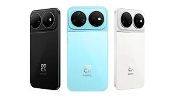 Huawei Nova 16 smartphones in Black, Sky Blue, and White color options featuring a dual-camera rear design and flat-frame body.