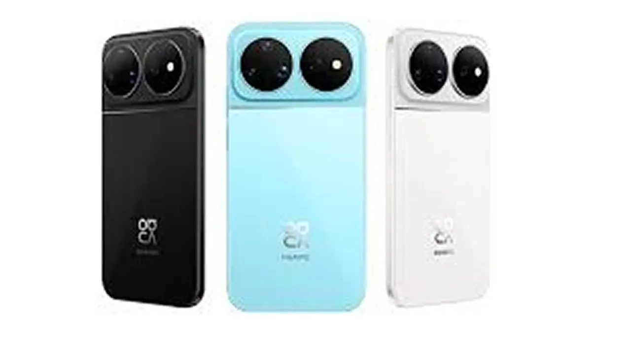 Huawei Nova 16 smartphones in Black, Sky Blue, and White color options featuring a dual-camera rear design and flat-frame body.