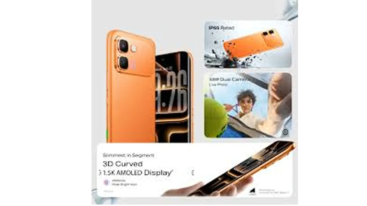 Infinix Note Edge JBL Edition in Solar Orange displayed with the bundled MagPower Bluetooth Speaker, highlighting the limited-edition launch offer in India.