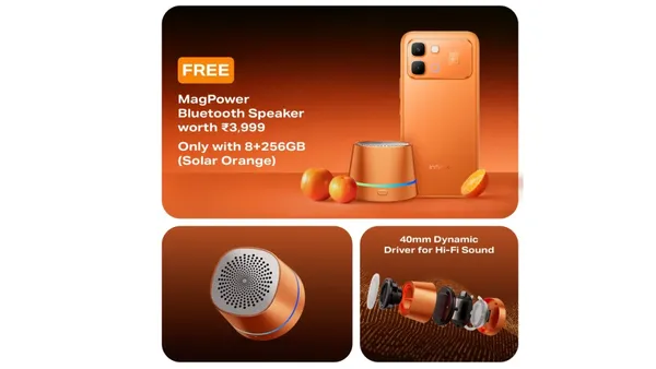 Infinix Note Edge JBL Edition in Solar Orange displayed with the bundled MagPower Bluetooth Speaker, highlighting the limited-edition launch offer in India.