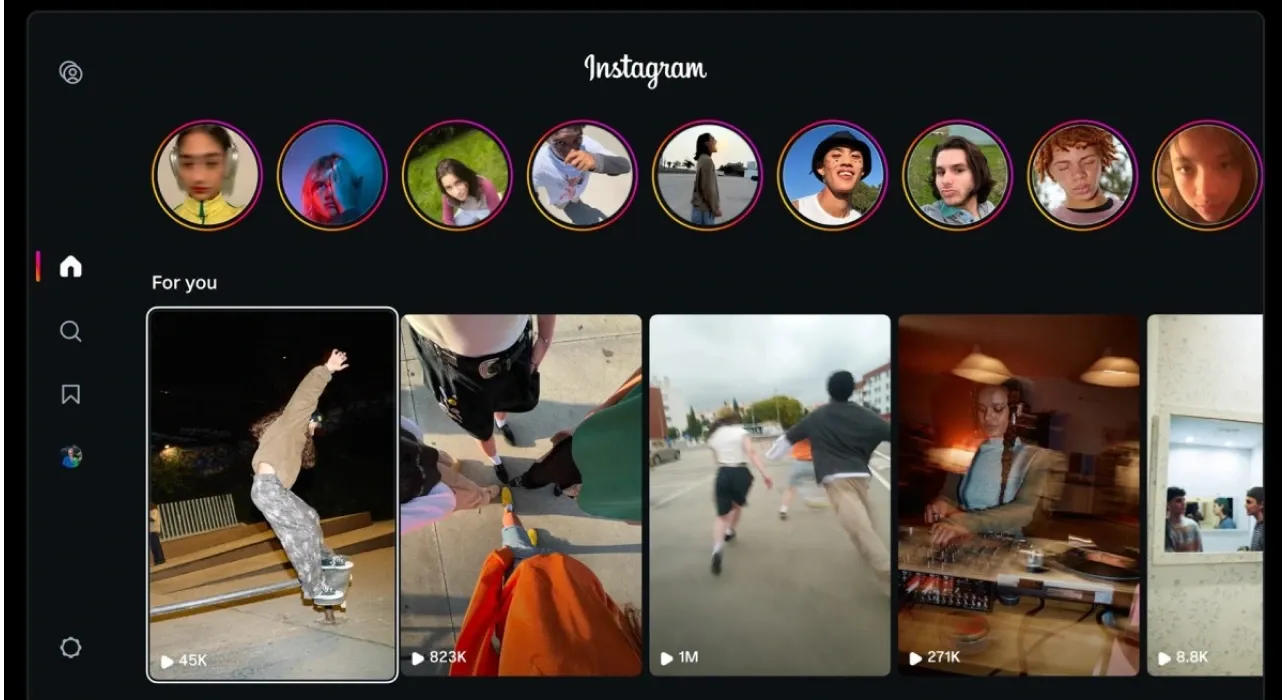 Instagram for TV interface displayed on a smart TV, showing Stories, Reels, and personalized content recommendations on a large screen.