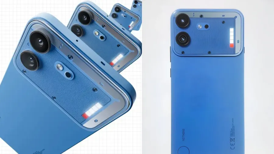 Nothing Phone 4b showing its transparent rear design, Glyph Bar lighting, dual rear cameras, and blue colour option ahead of the official India launch.