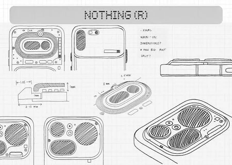 Nothing Phone (4b) design sketch showing the rear camera module layout, hardware dimensions, and early engineering drawings released ahead of launch.