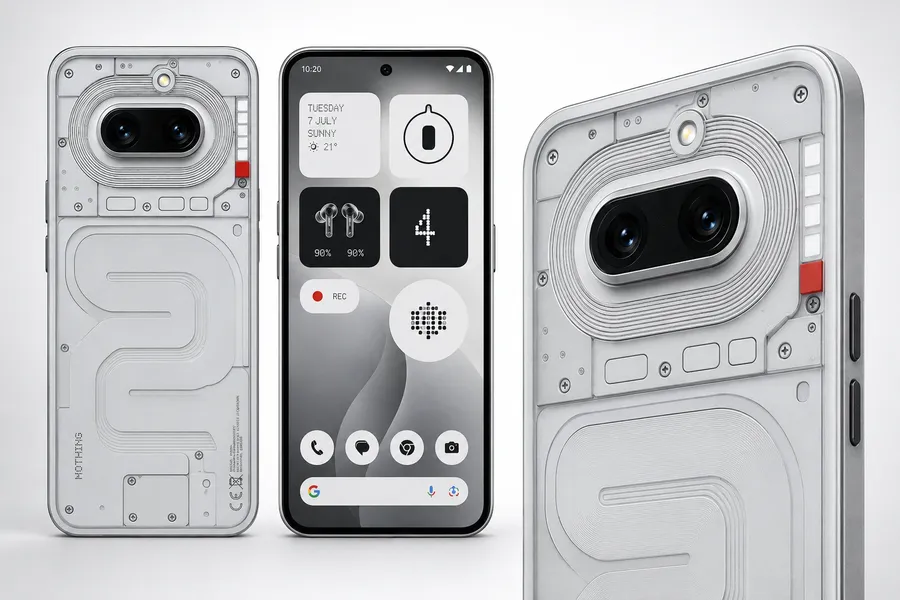 Realistic render of the Nothing Phone (4b) showing a transparent-inspired rear design, dual-camera setup, and minimalist Android interface.