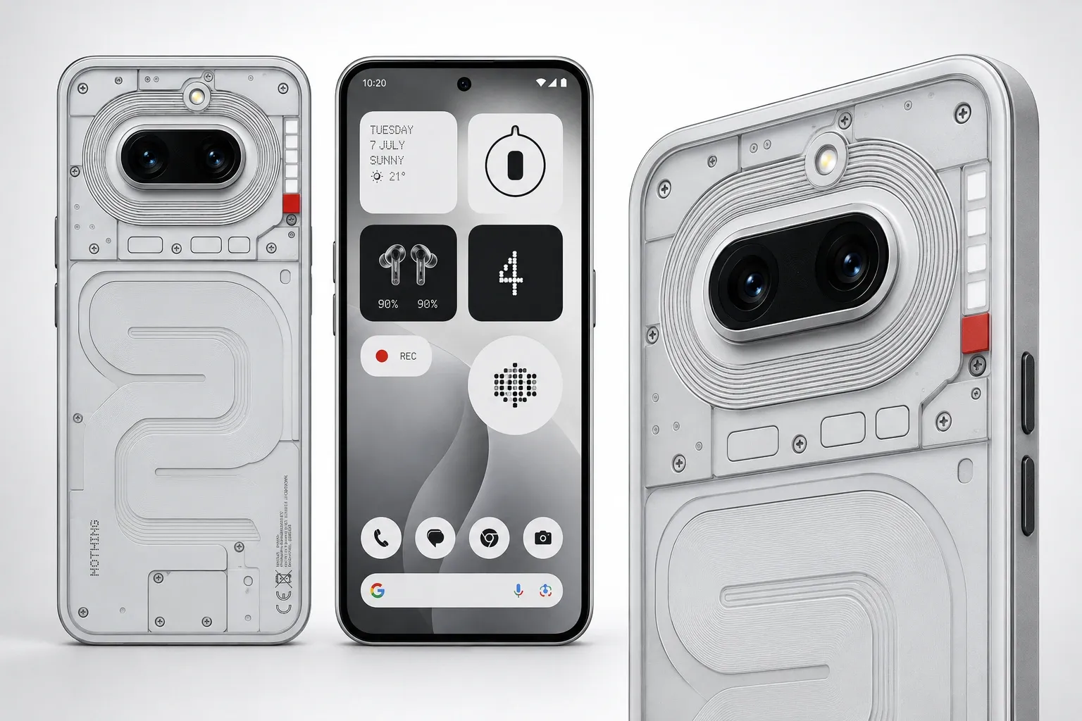 Realistic render of the Nothing Phone (4b) showing a transparent-inspired rear design, dual-camera setup, and minimalist Android interface.