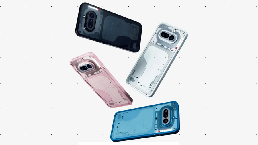 Nothing smartphones in black, white, pink, and blue color options showcasing the brand’s transparent rear-panel design and dual-camera setup.