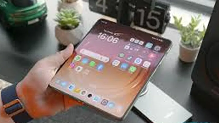 A foldable smartphone displayed in tablet mode, showcasing a large crease-minimized inner screen and slim bezels.