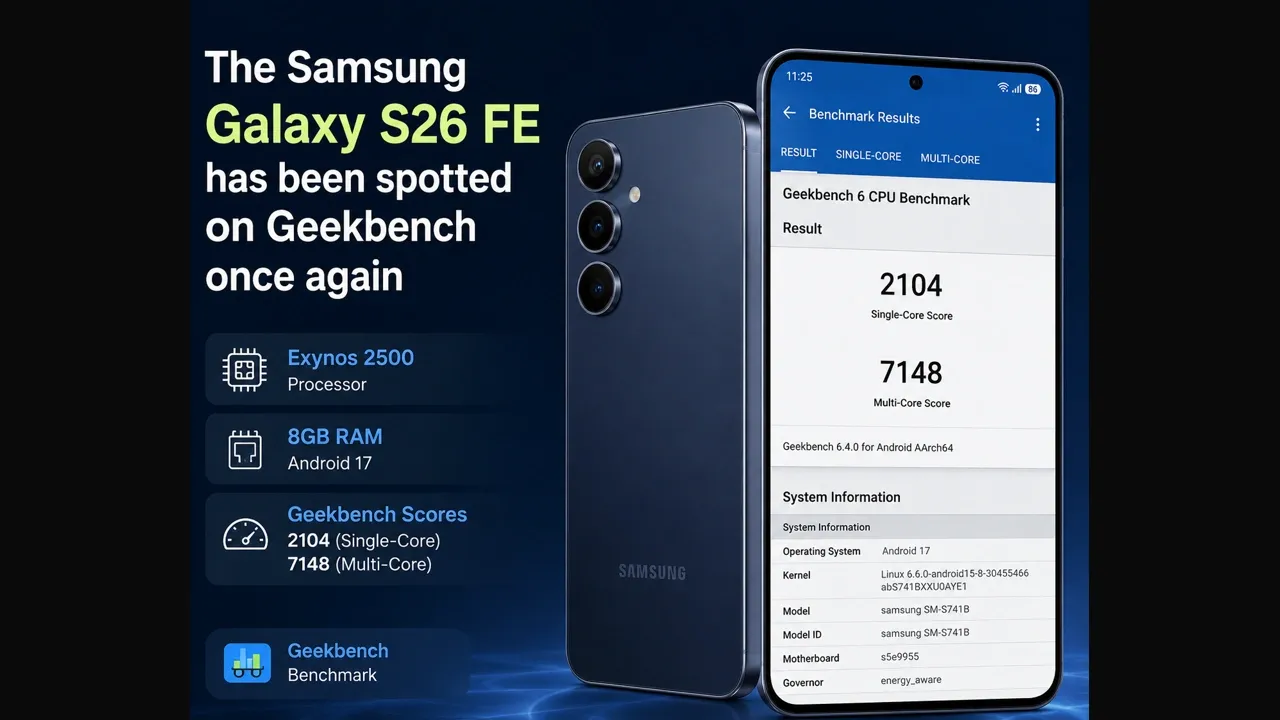 Samsung Galaxy S26 FE promotional graphic showing the smartphone alongside Geekbench benchmark results, highlighting the Exynos 2500 chipset, 8GB RAM, Android 17, and performance scores.