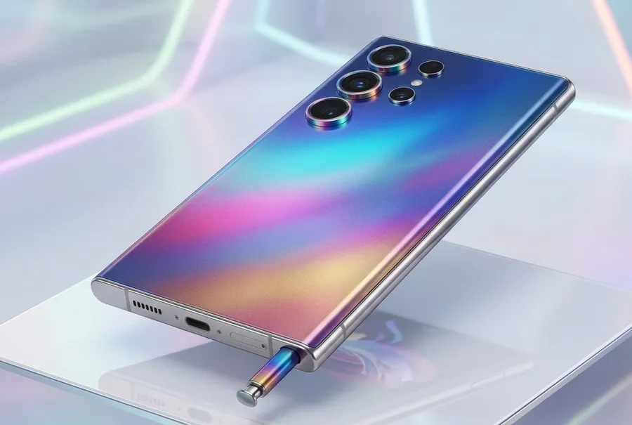 Leaked Samsung Galaxy S27 Ultra in Aura Chroma color shown with a matching S Pen