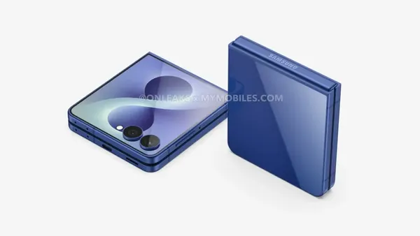 Leaked Samsung Galaxy Z Flip 8 render showing the foldable smartphone in blue with a full-cover display and dual rear cameras.