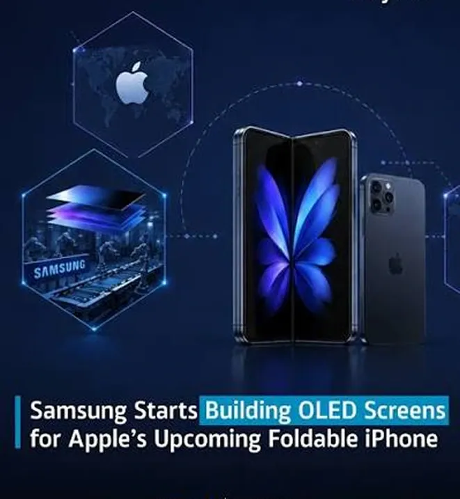 Concept render of Apple’s rumored foldable iPhone alongside Samsung OLED display technology, highlighting reports of Samsung Display producing panels for the device.