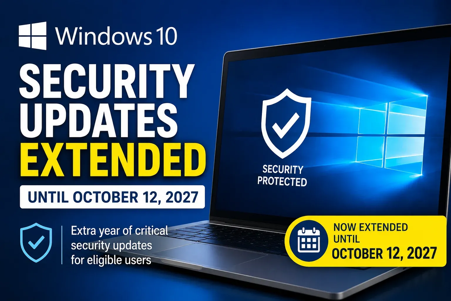 Windows 10 security updates extended until October 2027 with Microsoft Consumer ESU program displayed on a laptop screen.