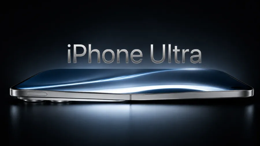 Apple foldable iPhone Ultra concept showing a book-style foldable design with a large inner display, representing the reported increase in production plans for Apple's first foldable smartphone.