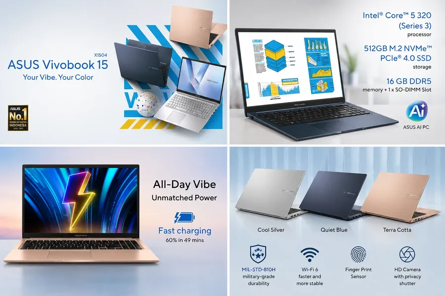 2026 Asus Vivobook 15 laptop in open position featuring a 15.6-inch Full HD display, Intel Core 5 Series 3 processor, AI Boost NPU, 16GB DDR5 RAM, and 512GB PCIe 4.0 SSD.