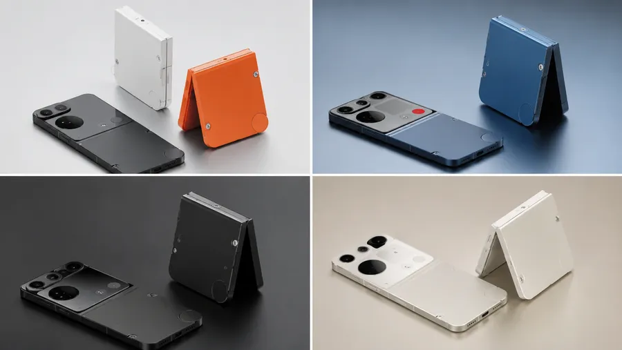 CMF Flip concept foldable smartphone with a compact clamshell design, 4:3 cover display, triple rear cameras, and CMF-style modular interchangeable back panel.
