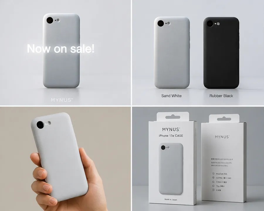 MYNUS iPhone 17e Case in Sand White and Rubber Black with ultra-thin design and MagSafe compatibility