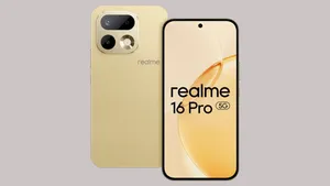 Realme 16 Pro 5G in gold color showing rear triple camera module and front display